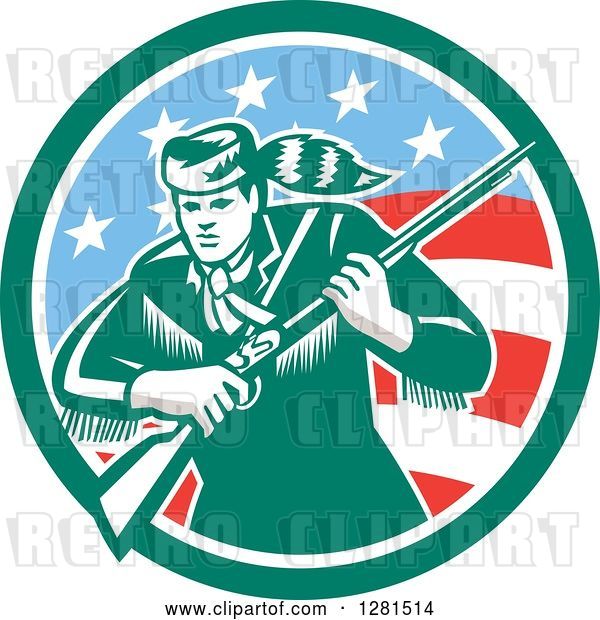 Vector Clip Art of Retro American Frontiersman, Daniel Boone, Holding a Rifle in a Green and American Circle