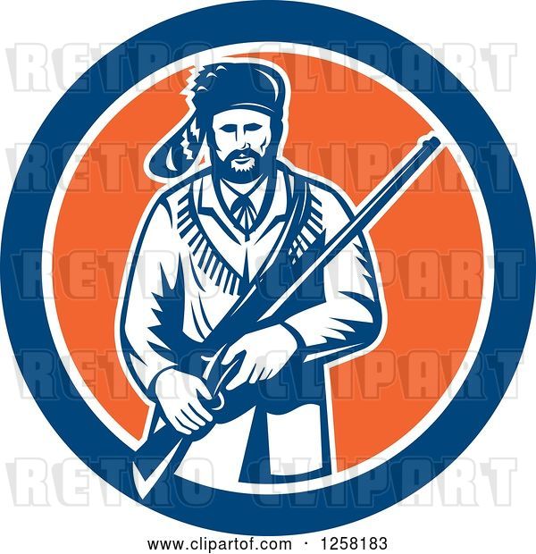 Vector Clip Art of Retro American Frontiersman, Davy Crockett, Holding a Rifle in a Blue White and Orange Circle