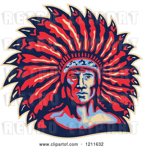 Vector Clip Art of Retro American Indian Chief and Feather Headdress