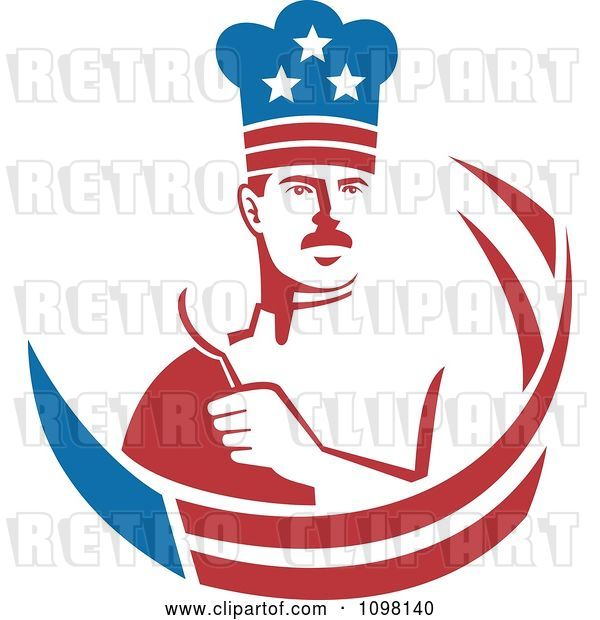 Vector Clip Art of Retro American Male Chef Holding a Spoon with Stars and Stripes