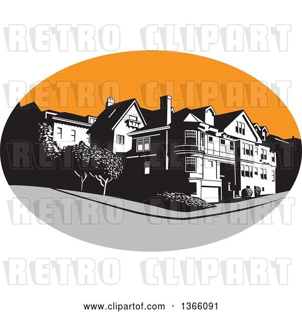 Vector Clip Art of Retro American Mansion House in a Gray and Orange Oval
