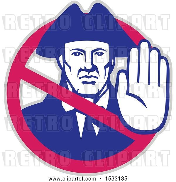 Vector Clip Art of Retro American Patriot Gesturing Stop Inside a Prohibited Symbol