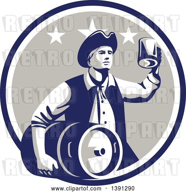 Vector Clip Art of Retro American Patriot Guy Carrying a Beer Keg and Holding up a Mug in a Blue White and Taupe Circle