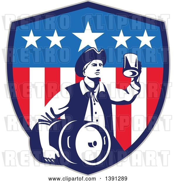Vector Clip Art of Retro American Patriot Guy Carrying a Beer Keg and Holding up a Mug in an American Shield