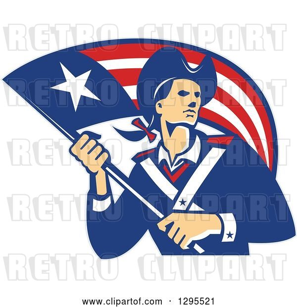 Vector Clip Art of Retro American Patriot Minuteman Revolutionary Soldier Holding a Flag Banner