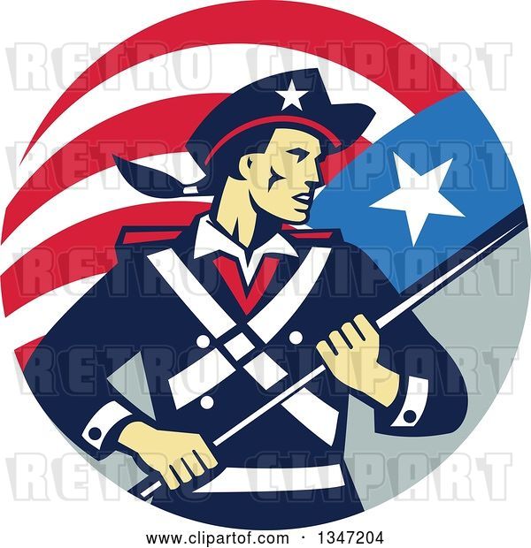 Vector Clip Art of Retro American Patriot Minuteman Revolutionary Soldier Holding a Flag Banner in a Circle