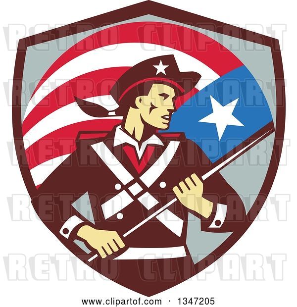 Vector Clip Art of Retro American Patriot Minuteman Revolutionary Soldier Holding a Flag Banner in a Shield