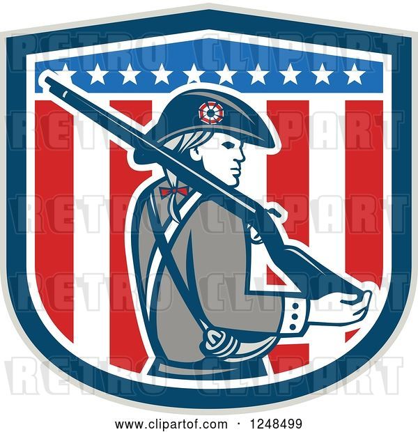 Vector Clip Art of Retro American Patriot Minuteman with a Rifle over a Shield