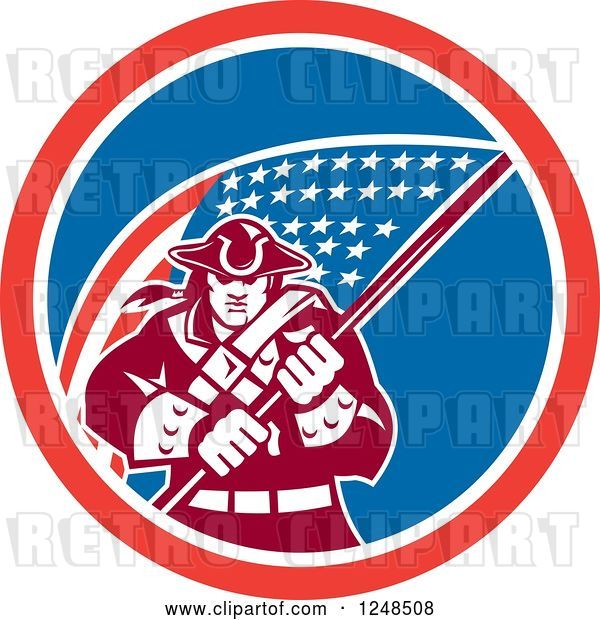 Vector Clip Art of Retro American Patriot Soldier and Flag in a Circle