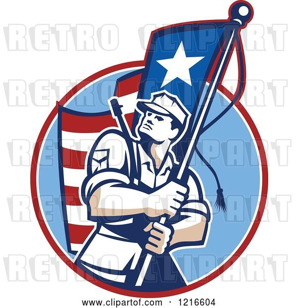 Vector Clip Art of Retro American Patriot Soldier Carrying a Flag