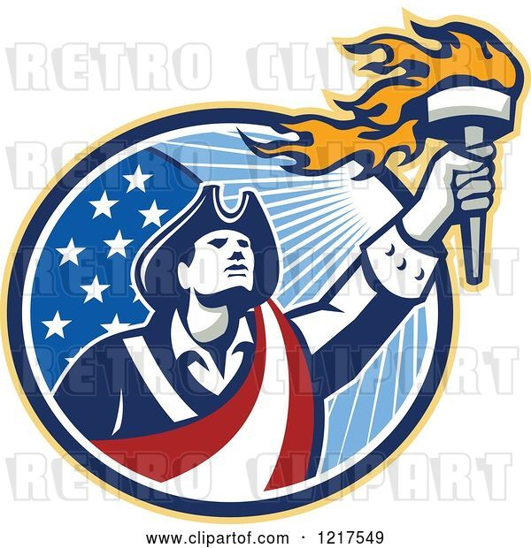 Vector Clip Art of Retro American Patriot Soldier Holding a Torch over a Circle