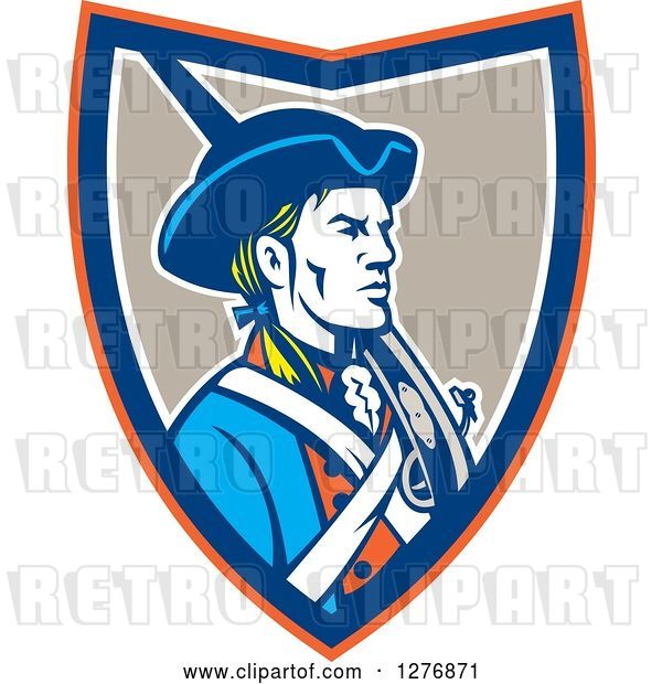 Vector Clip Art of Retro American Patriot Soldier with a Musket in an Orange Blue White and Taupe Shield