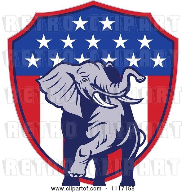 Vector Clip Art of Retro American Republican Political Party Elephant over an American Shield 2