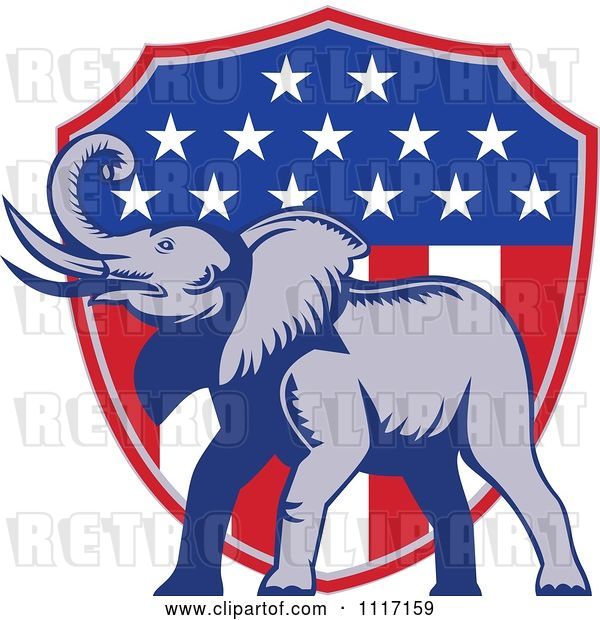 Vector Clip Art of Retro American Republican Political Party Elephant over an American Shield 3