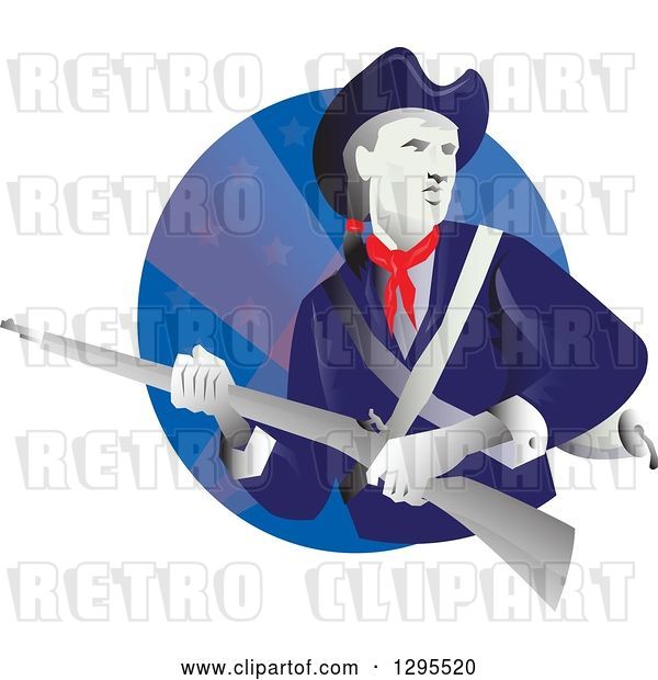 Vector Clip Art of Retro American Revolution Minuteman Soldier with a Musket Rifle in a Blue Star Circle