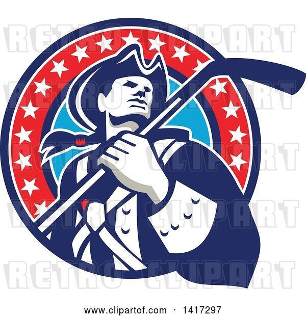 Vector Clip Art of Retro American Revolutionary Patriot Soldier Holding a Hockey Stick in a Circle