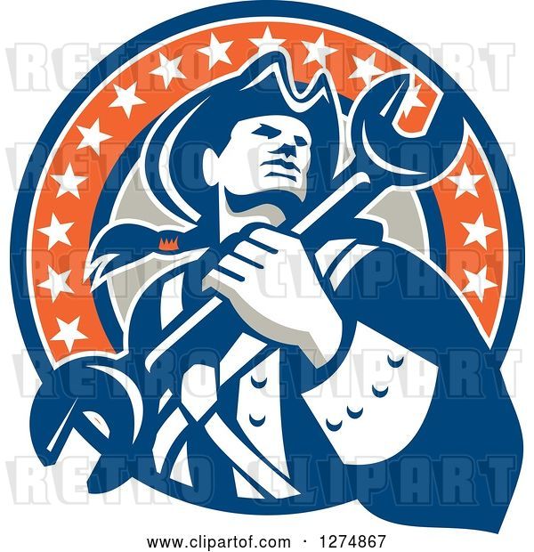 Vector Clip Art of Retro American Revolutionary Patriot Soldier Mechanic Guy Holding a Spanner Wrench in a Circle