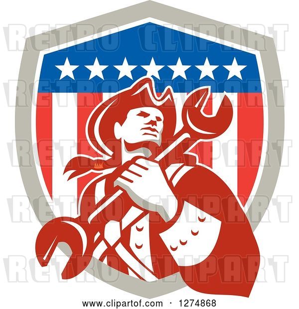 Vector Clip Art of Retro American Revolutionary Patriot Soldier Mechanic Guy Holding a Spanner Wrench in a Shield