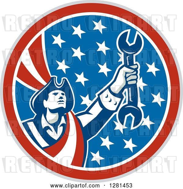 Vector Clip Art of Retro American Revolutionary Patriot Soldier Mechanic Holding a Spanner Wrench in a Patriotic Circle