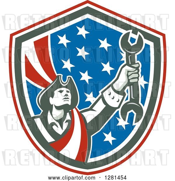 Vector Clip Art of Retro American Revolutionary Patriot Soldier Mechanic Holding a Spanner Wrench in a Patriotic Shield
