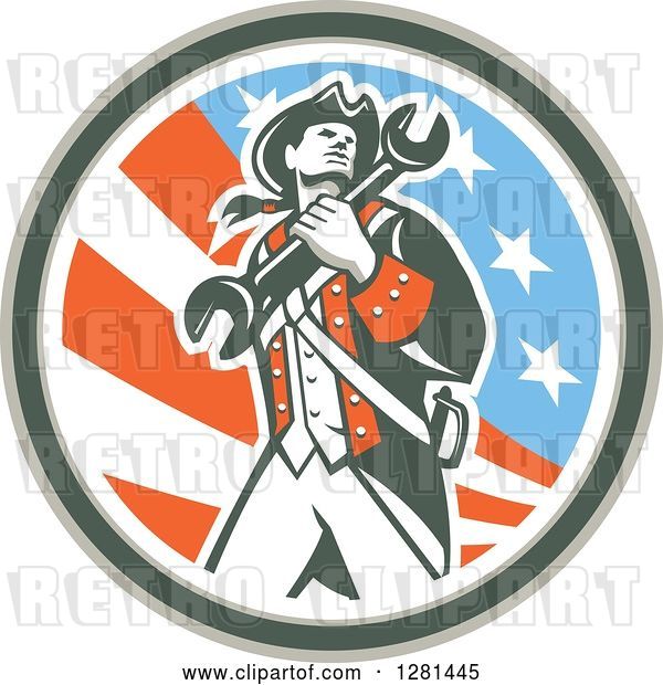 Vector Clip Art of Retro American Revolutionary Patriot Soldier Mechanic Walking with a Spanner Wrench in a Patriotic Circle