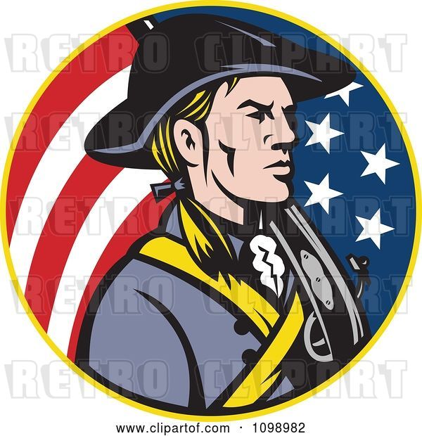 Vector Clip Art of Retro American Revolutionary Soldier Patriot Minuteman in a Circle of Stars and Stripes
