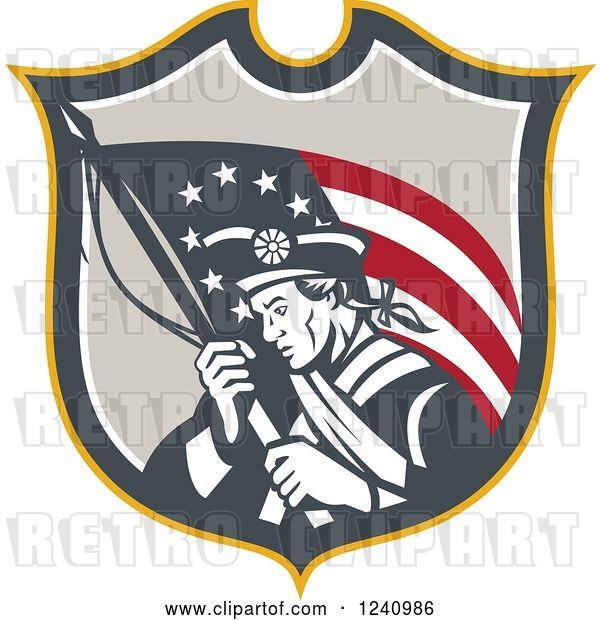 Vector Clip Art of Retro American Revolutionary Soldier Patriot Minuteman with a Flag in a Shield