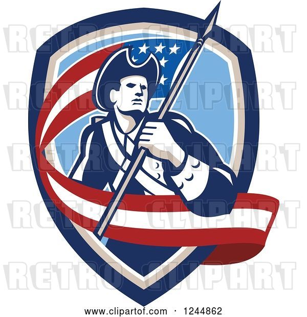 Vector Clip Art of Retro American Revolutionary Soldier Patriot Minuteman with a Long Flag in a Crest