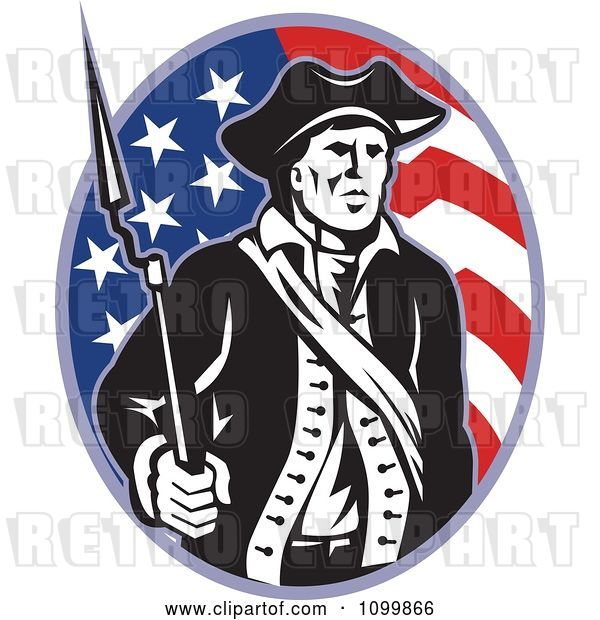 Vector Clip Art of Retro American Revolutionary Soldier Patriot Minuteman with a Musket Bayonet Rifle over a Stars and Stripes Flag Oval