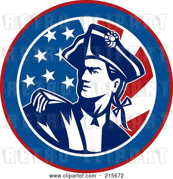 Vector Clip Art of Retro American Revolutionary War Soldier over a Flag Circle