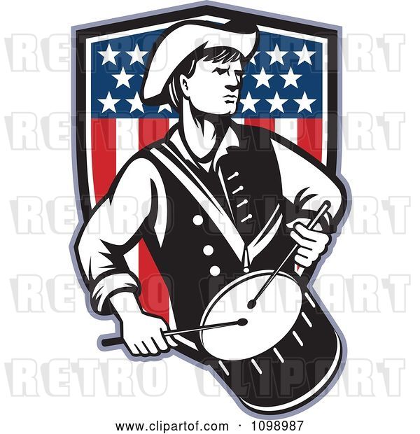 Vector Clip Art of Retro American Revolutionary War Soldier Patriot Minuteman Drummer with a Shield of Stars and Stripes