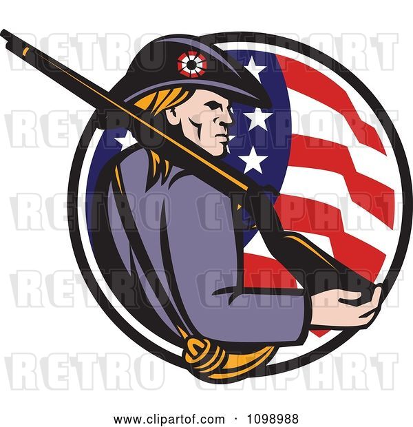Vector Clip Art of Retro American Revolutionary War Soldier Patriot Minuteman with a Rifle in a Circle of Stars and Stripes