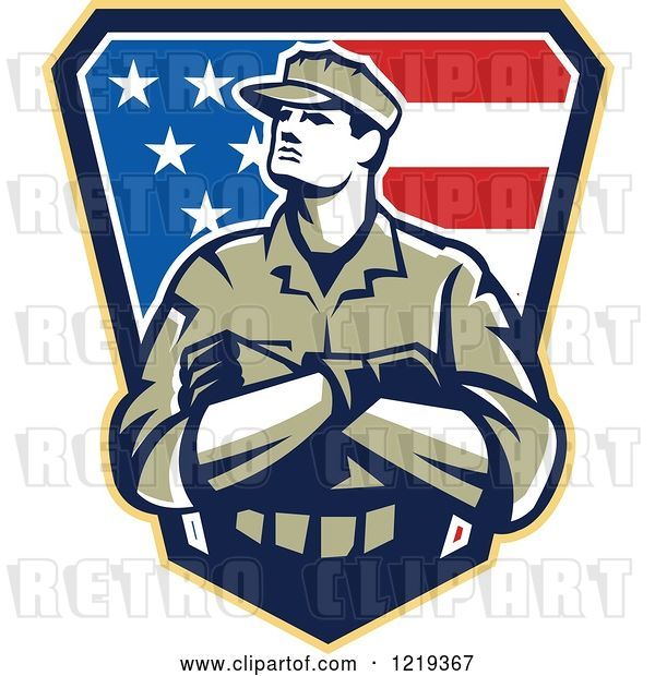 Vector Clip Art of Retro American Solider with Folded Arms over an American Flag Shield