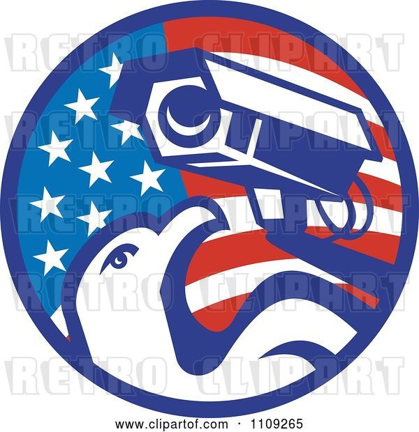 Vector Clip Art of Retro American Surveillance Security Camera and Bald Eagle over a Circle Flag