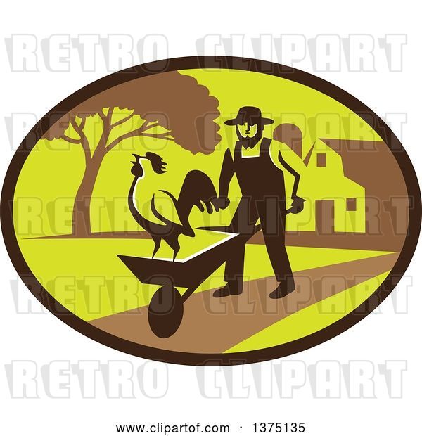 Vector Clip Art of Retro Amish Farmer Guy Pushing a Wheelbarrow with a Crowing Rooster on a Farm Within an Oval