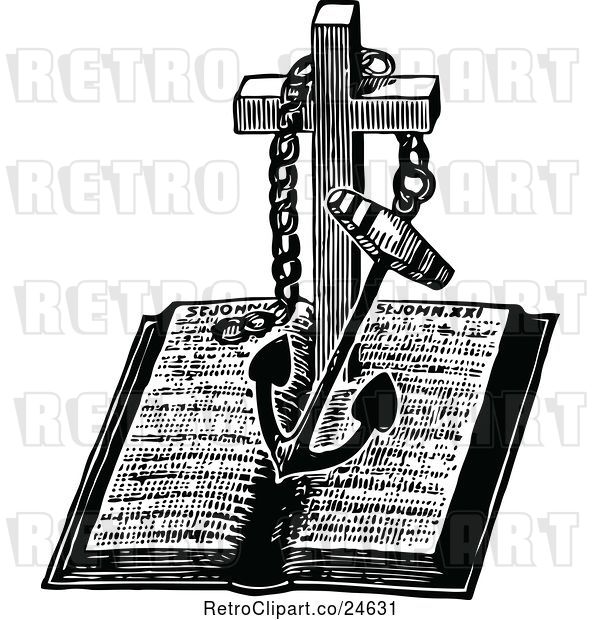 Vector Clip Art of Retro Anchor and Cross over a Bible