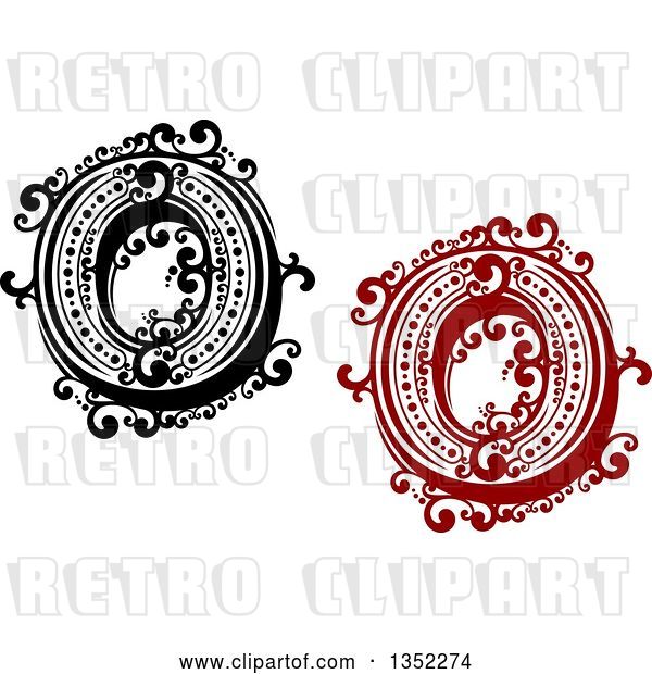 Vector Clip Art of Retro and Red Capital Letter O Designs with Flourishes