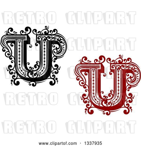 Vector Clip Art of Retro and Red Capital Letter U with Flourishes