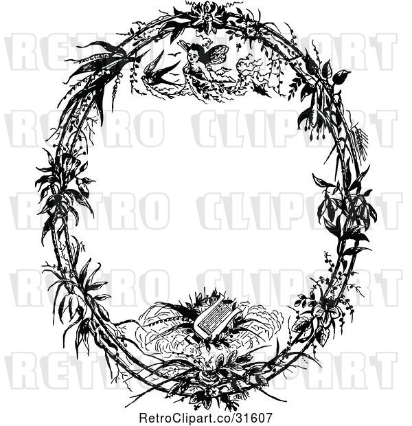 Vector Clip Art of Retro Angel and Lyre Oval Frame