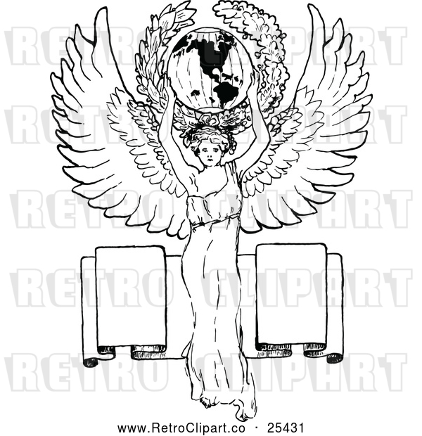 Vector Clip Art of Retro Angel Holding the World over a Banner