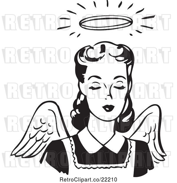 Vector Clip Art of Retro Angel Lady with Wings and a Halo
