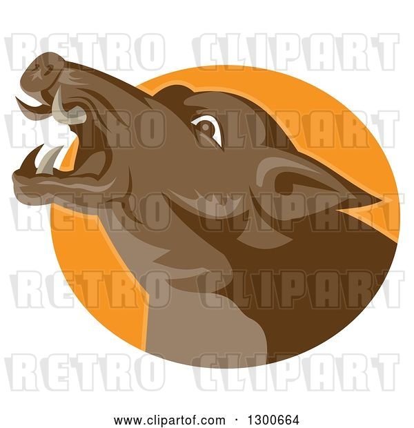 Vector Clip Art of Retro Angry Brown Boar Head in an Orange Oval