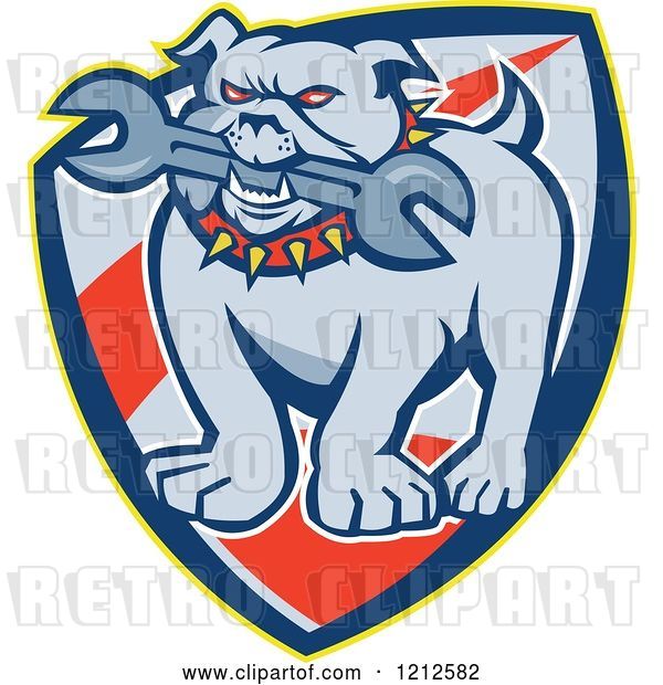 Vector Clip Art of Retro Angry Bulldog Biting a Wrench on a Shield