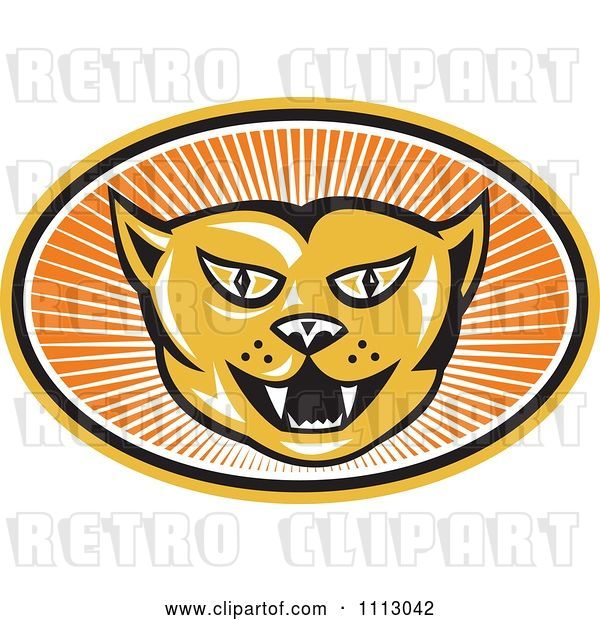 Vector Clip Art of Retro Angry Cat Face in an Oval of Rays
