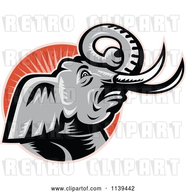 Vector Clip Art of Retro Angry Elephant over a Circle with Rays