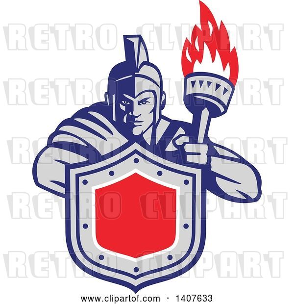 Vector Clip Art of Retro Angry Greek Warrior Holding a Flaming Torch and Shield