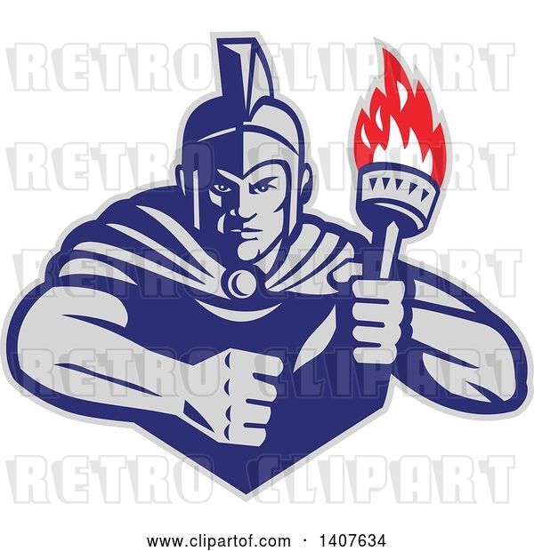 Vector Clip Art of Retro Angry Greek Warrior Holding a Flaming Torch, with a Balled Fist