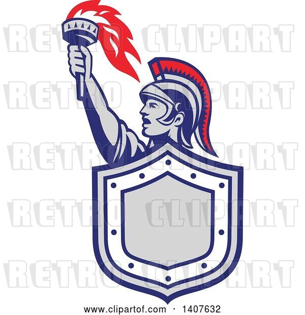 Vector Clip Art of Retro Angry Greek Warrior Holding up a Flaming Torch and Shield