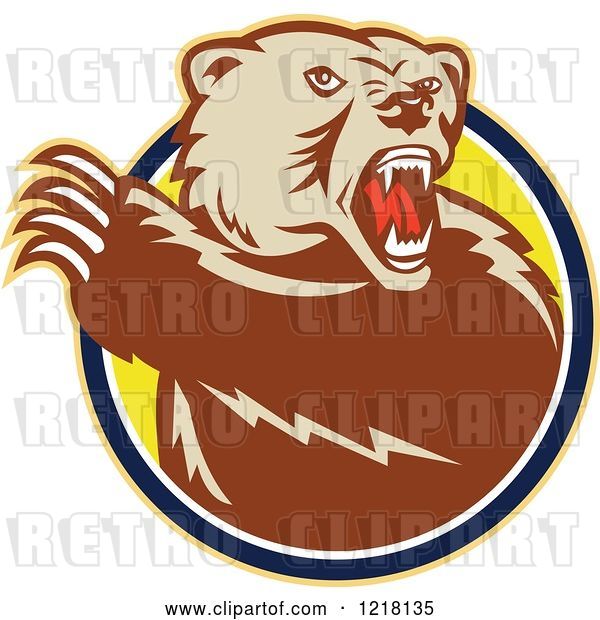 Vector Clip Art of Retro Angry Grizzly Bear with a Raised Paw in a Circle