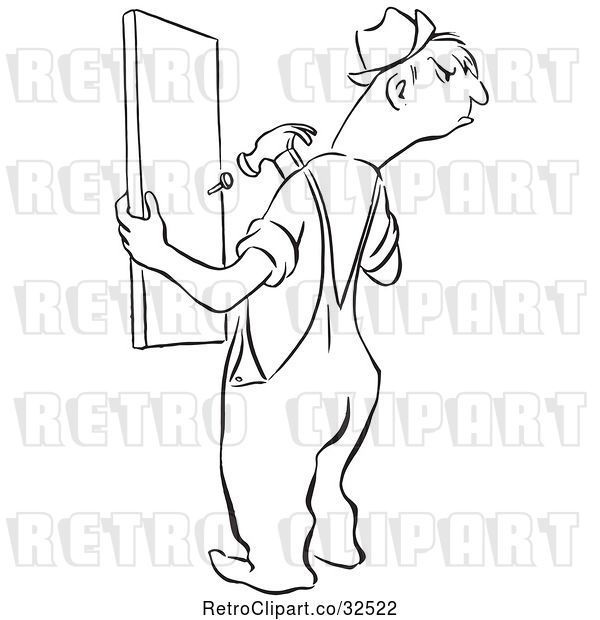 Vector Clip Art of Retro Angry Guy Repairing a Fence